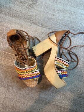 Sam Edelman Multicolor Beaded Platform Sandals with Tan Trim